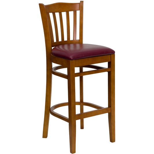 Vertical Slat Back Cherry Wood Restaurant Barstool - Vinyl Seat