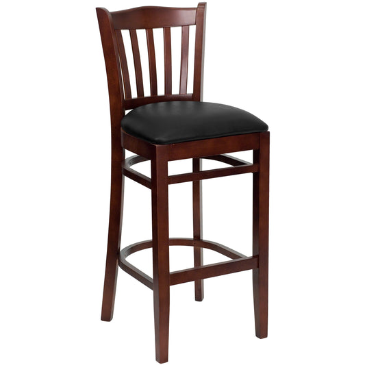 Vertical Slat Back Mahogany Wood Restaurant Barstool - Vinyl Seat