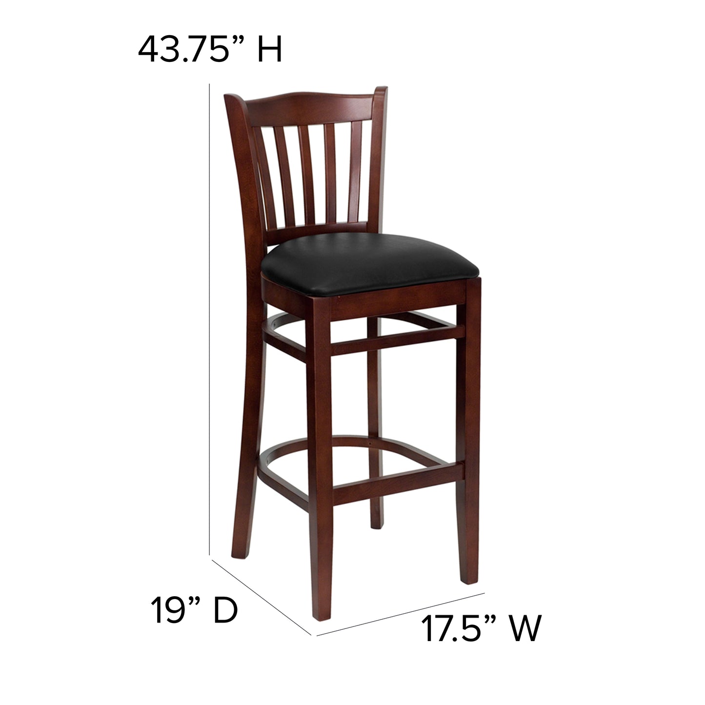 Vertical Slat Back Mahogany Wood Restaurant Barstool - Vinyl Seat