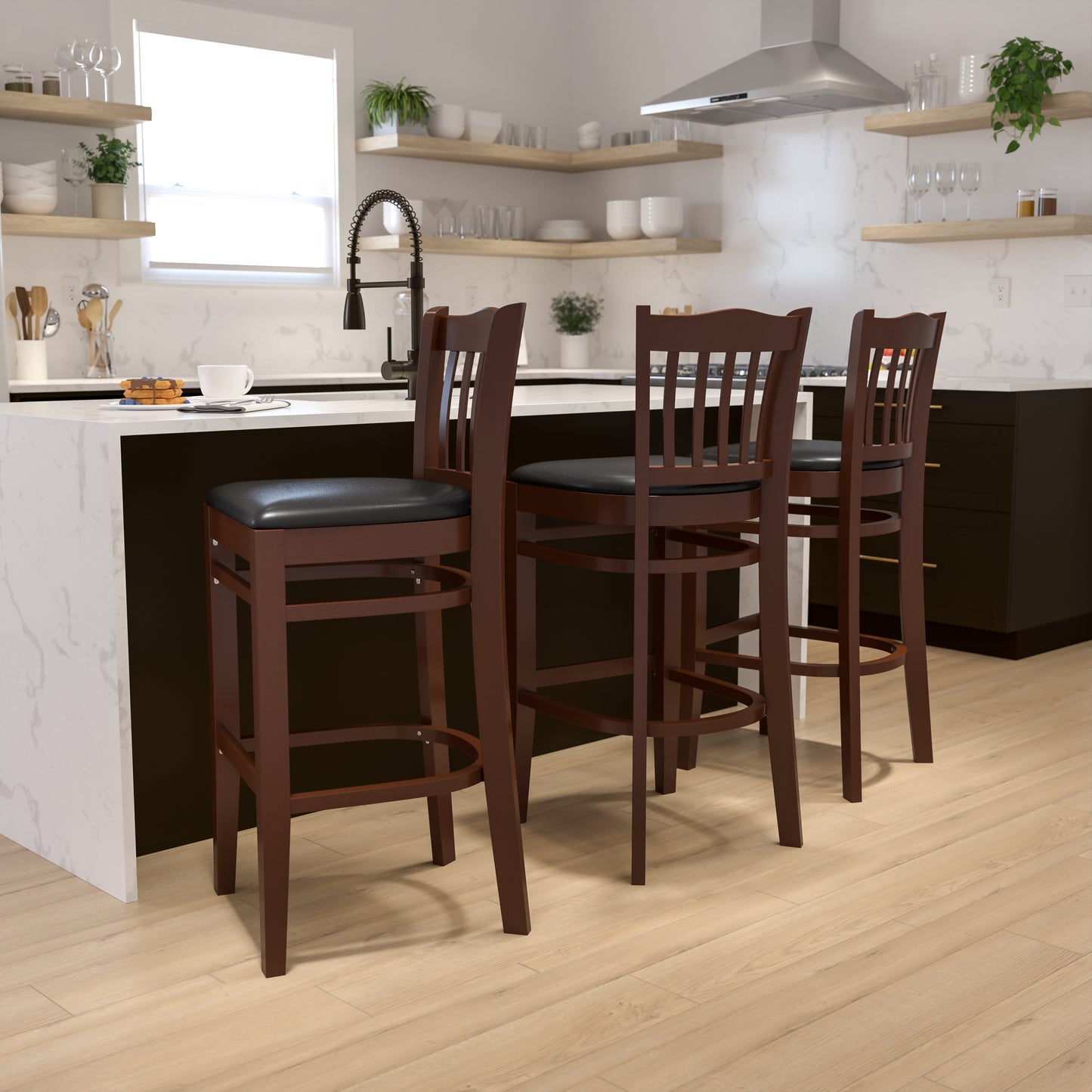 Vertical Slat Back Mahogany Wood Restaurant Barstool - Vinyl Seat