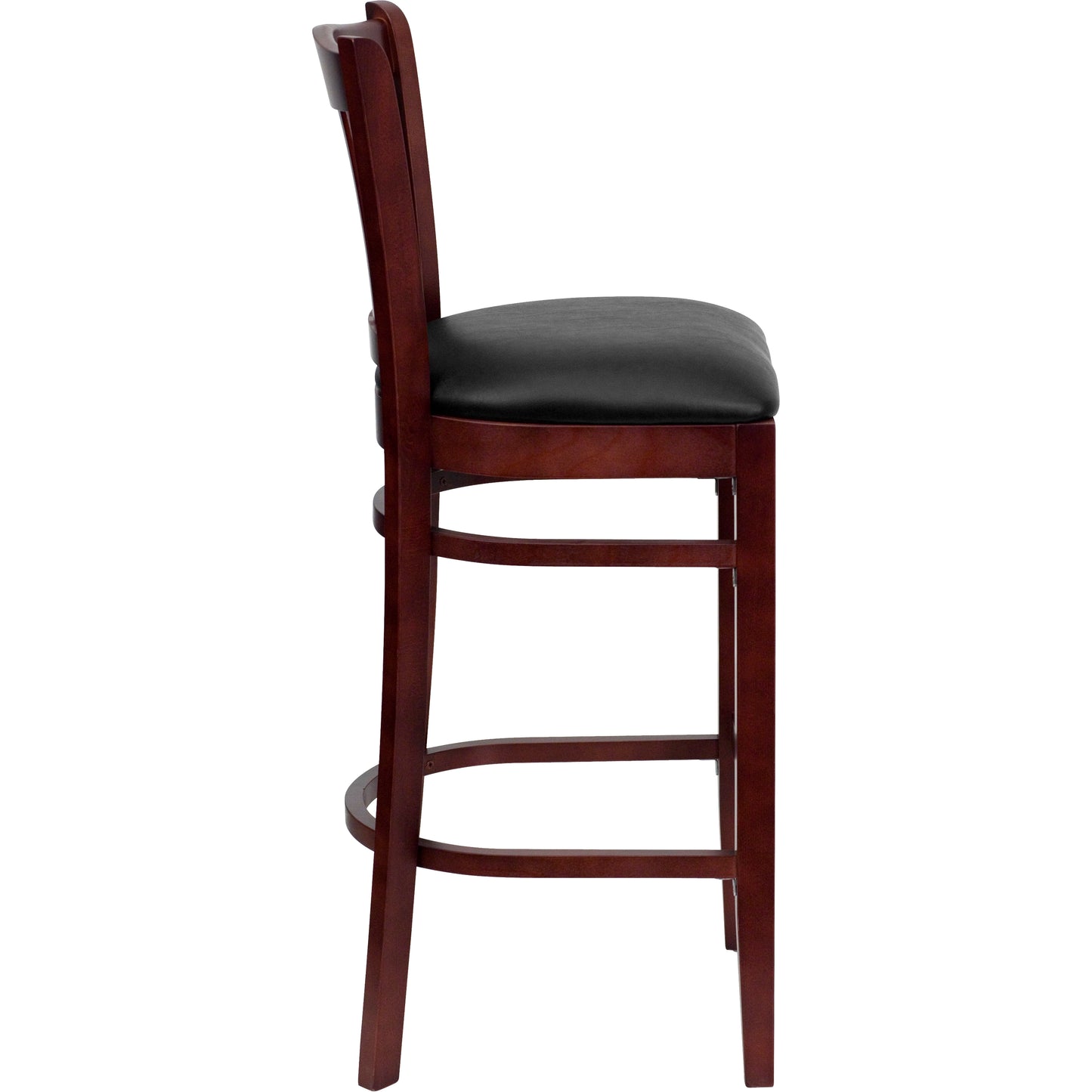 Vertical Slat Back Mahogany Wood Restaurant Barstool - Vinyl Seat