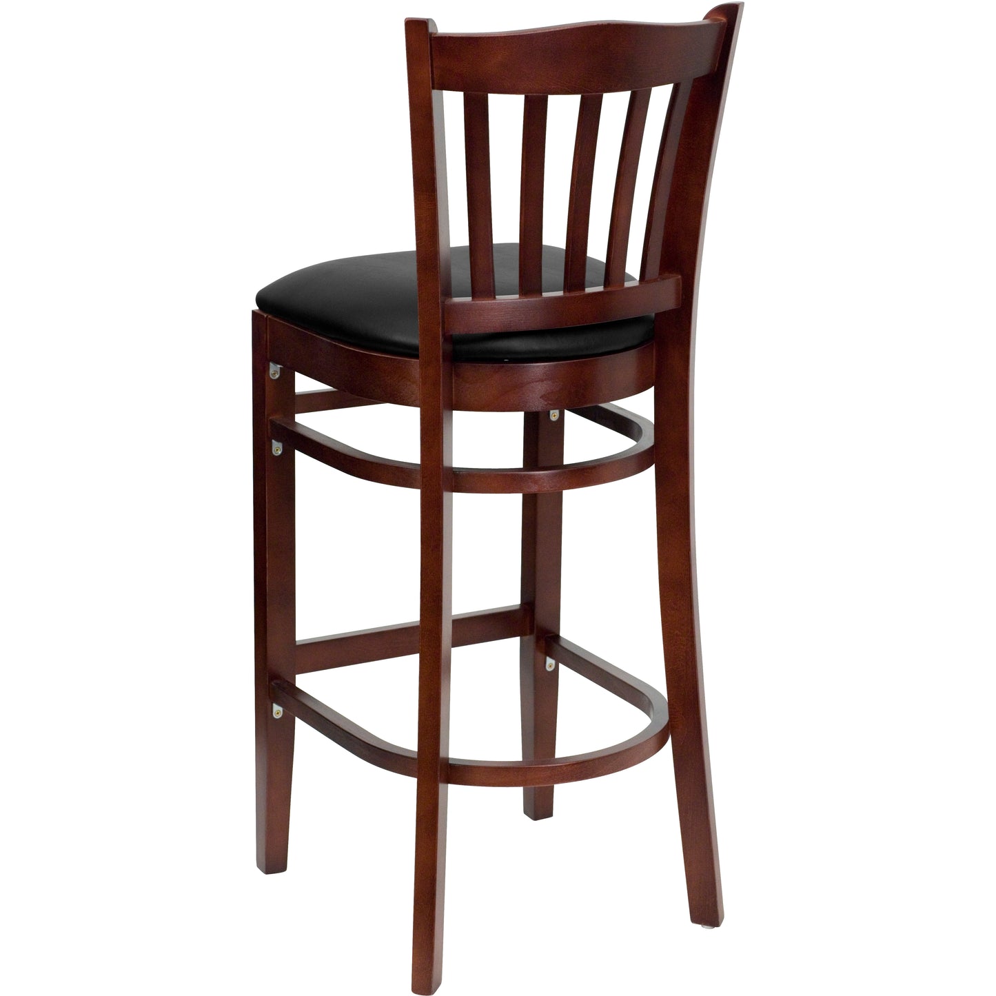 Vertical Slat Back Mahogany Wood Restaurant Barstool - Vinyl Seat