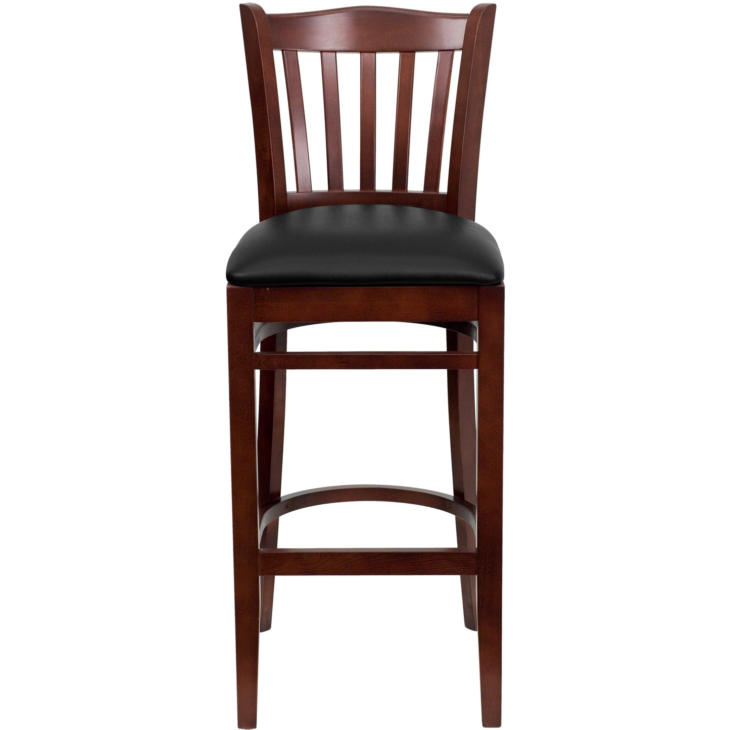 Vertical Slat Back Mahogany Wood Restaurant Barstool - Vinyl Seat