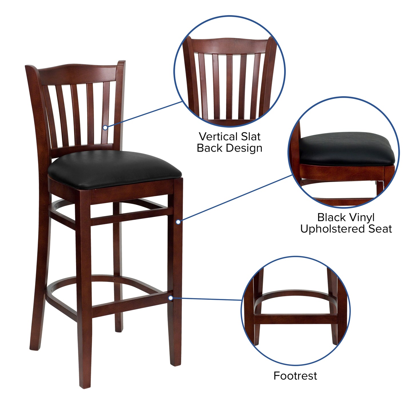 Vertical Slat Back Mahogany Wood Restaurant Barstool - Vinyl Seat