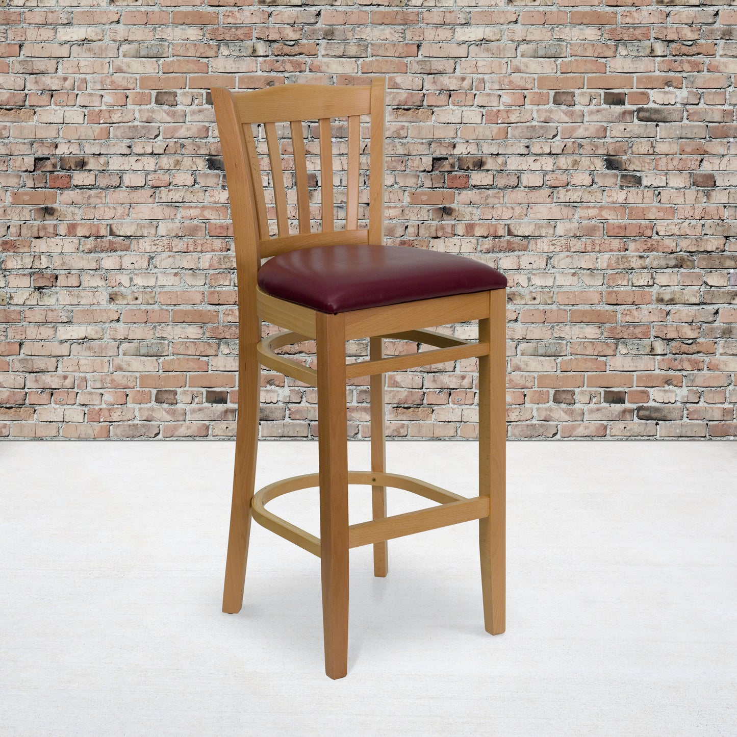 Vertical Slat Back Natural Wood Restaurant Barstool - Vinyl Seat