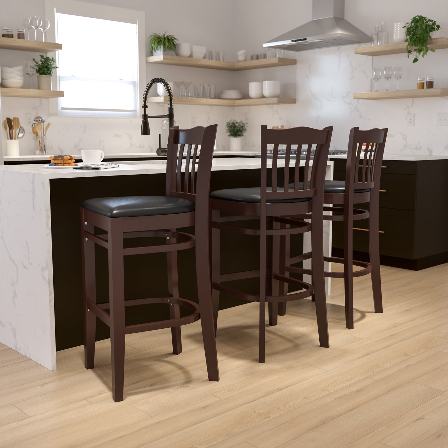 Vertical Slat Back Walnut Wood Restaurant Barstool - Vinyl Seat