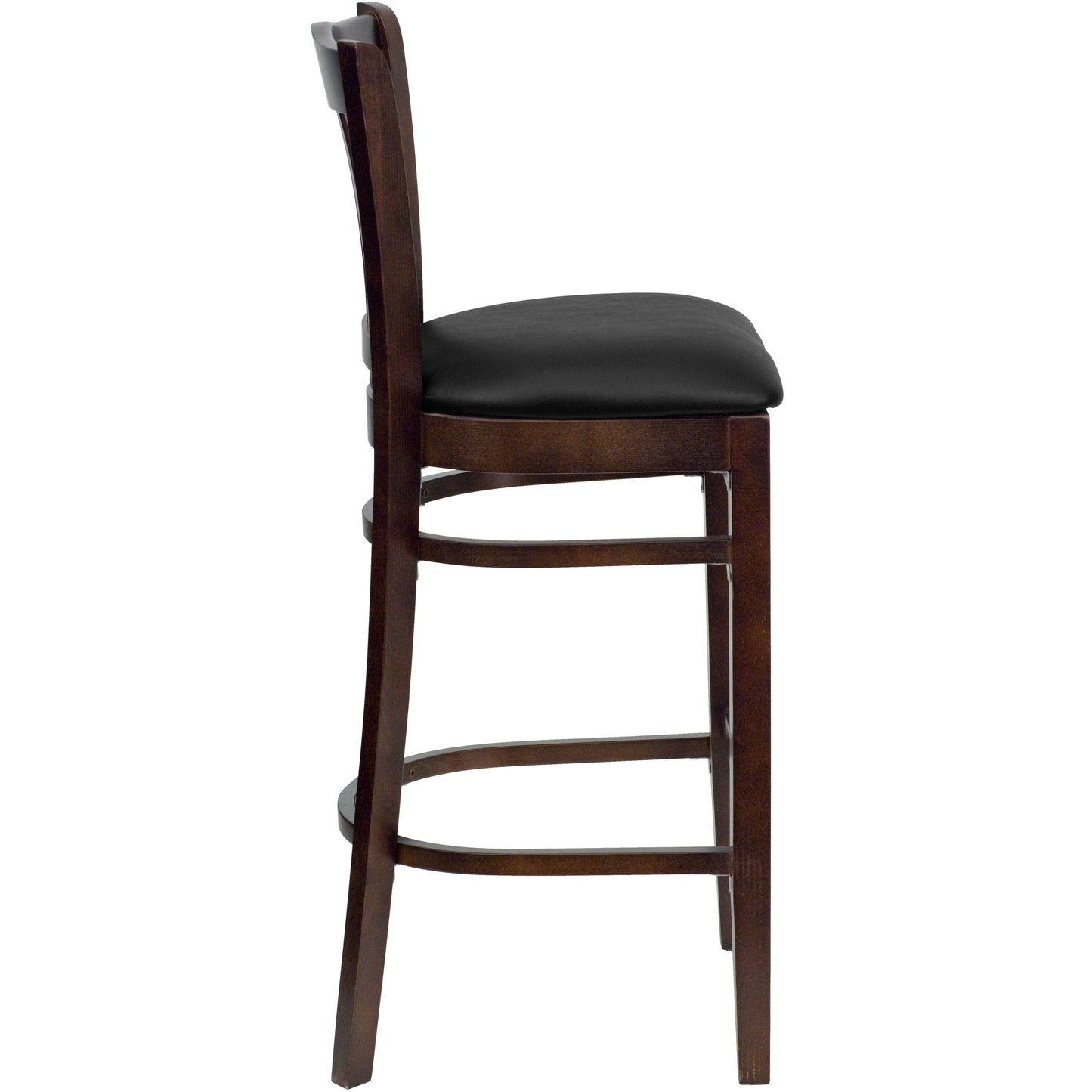 Vertical Slat Back Walnut Wood Restaurant Barstool - Vinyl Seat