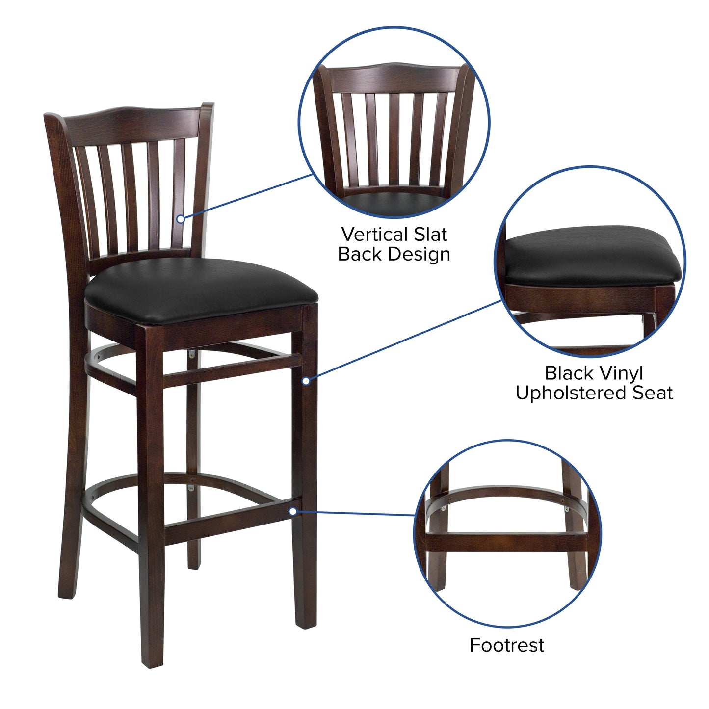 Vertical Slat Back Walnut Wood Restaurant Barstool - Vinyl Seat