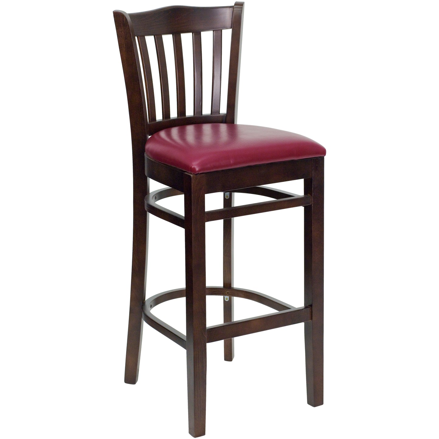 Vertical Slat Back Walnut Wood Restaurant Barstool - Vinyl Seat