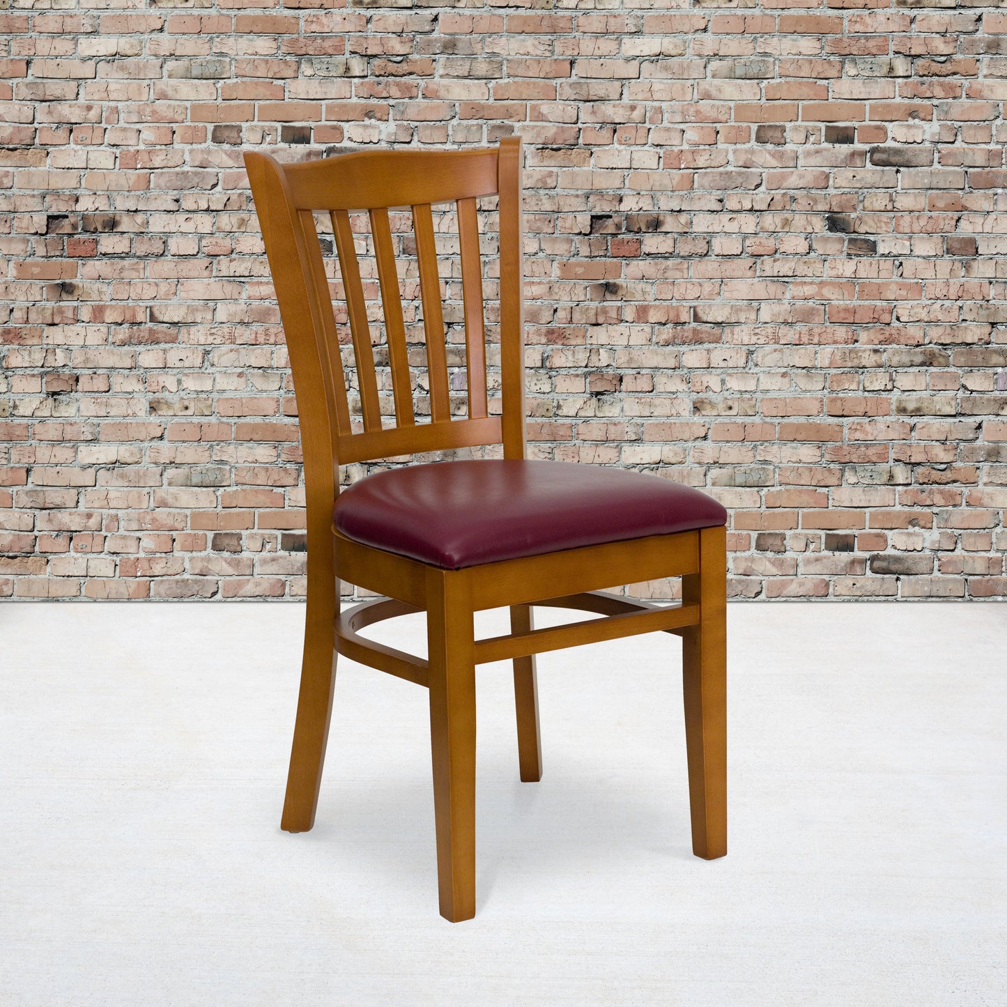 Vertical Slat Back Cherry Wood Restaurant Chair - Vinyl Seat