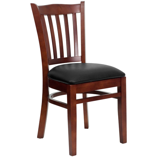 Vertical Slat Back Mahogany Wood Restaurant Chair - Vinyl Seat