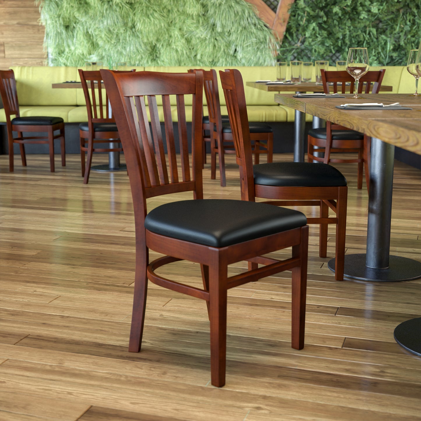 Vertical Slat Back Mahogany Wood Restaurant Chair - Vinyl Seat