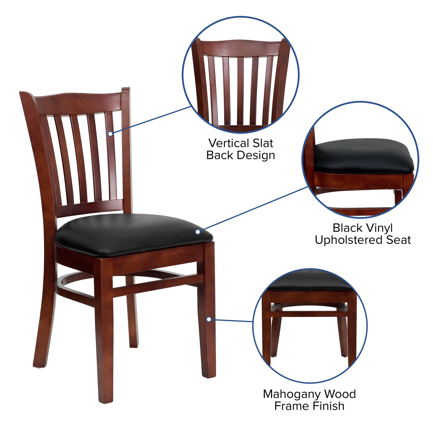 Vertical Slat Back Mahogany Wood Restaurant Chair - Vinyl Seat