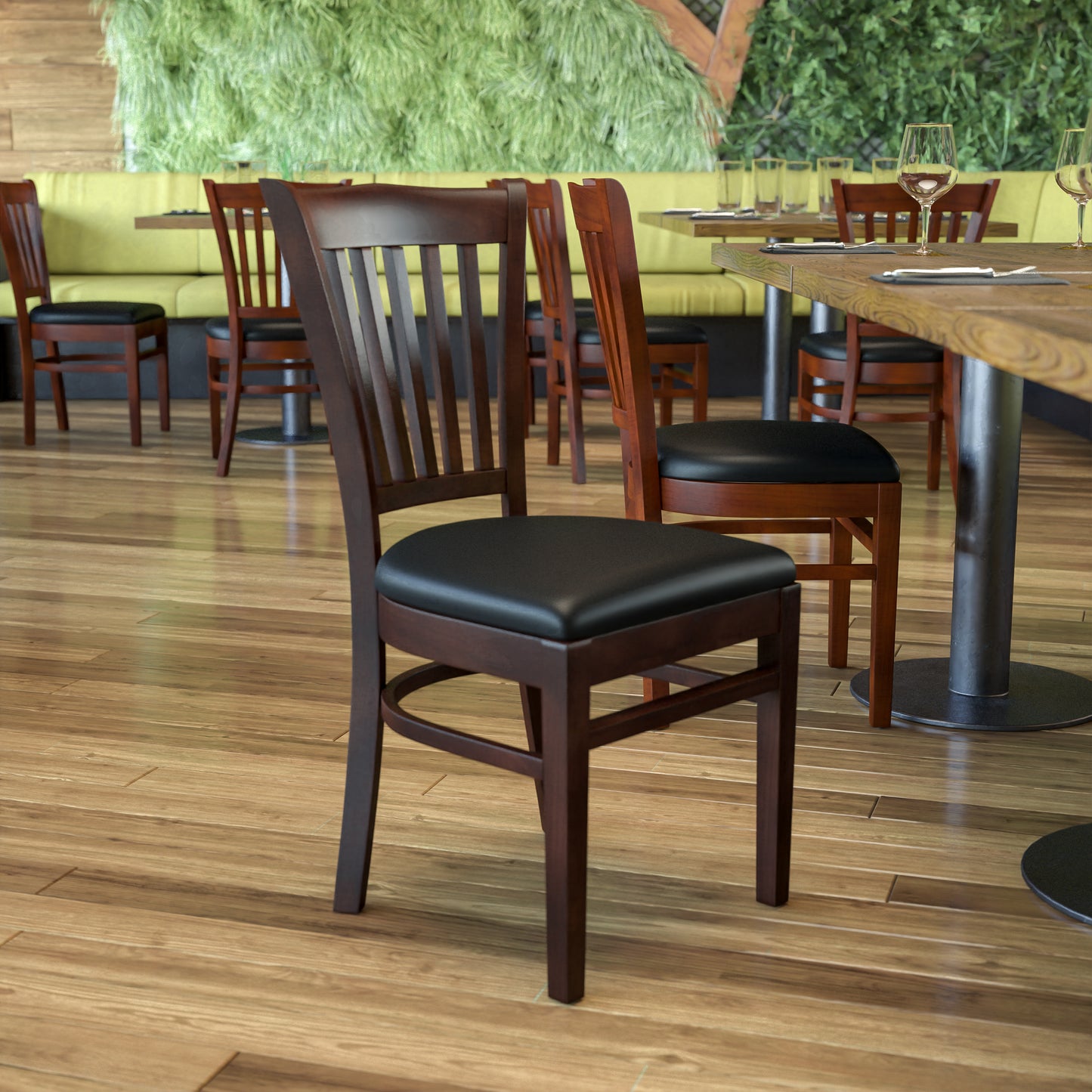 Vertical Slat Back Walnut Wood Restaurant Chair - Vinyl Seat