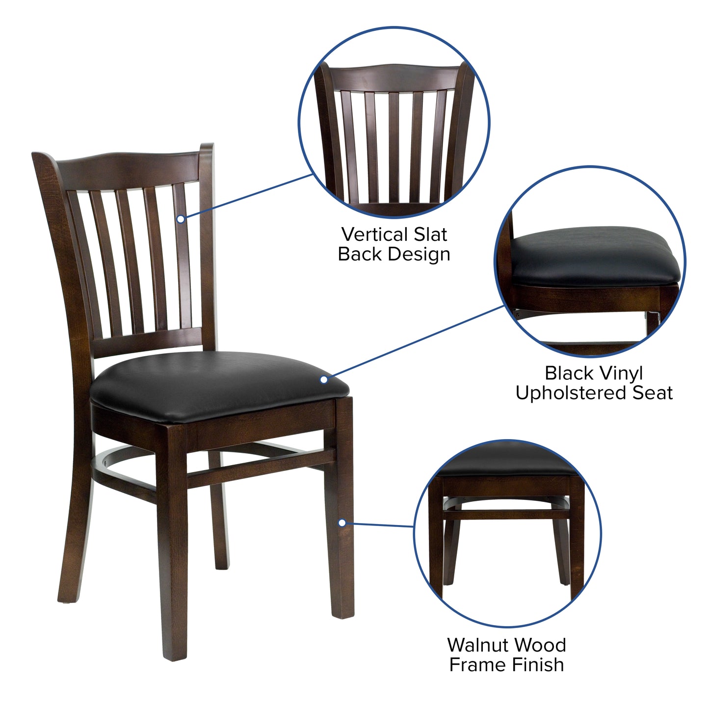 Vertical Slat Back Walnut Wood Restaurant Chair - Vinyl Seat