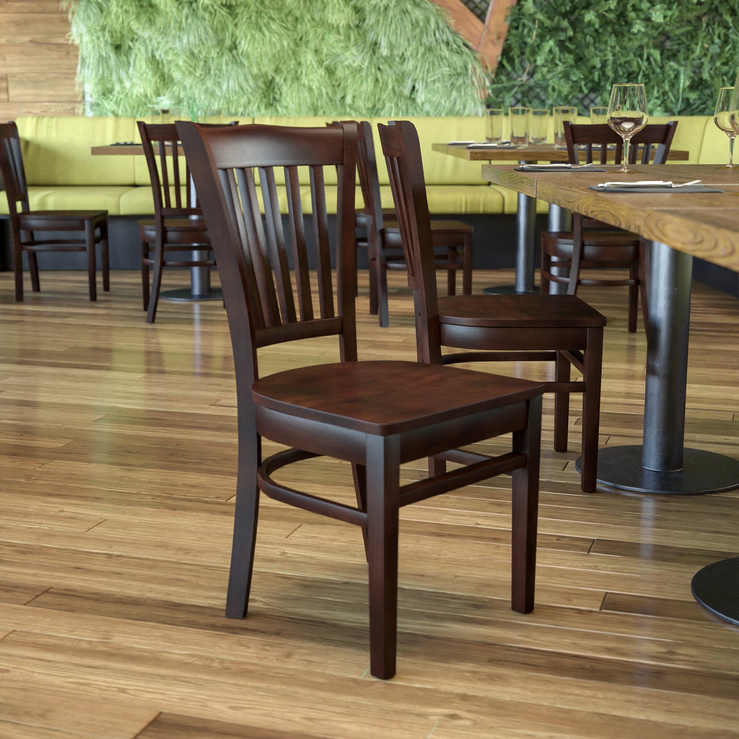 Vertical Slat Back Walnut Wood Restaurant Chair