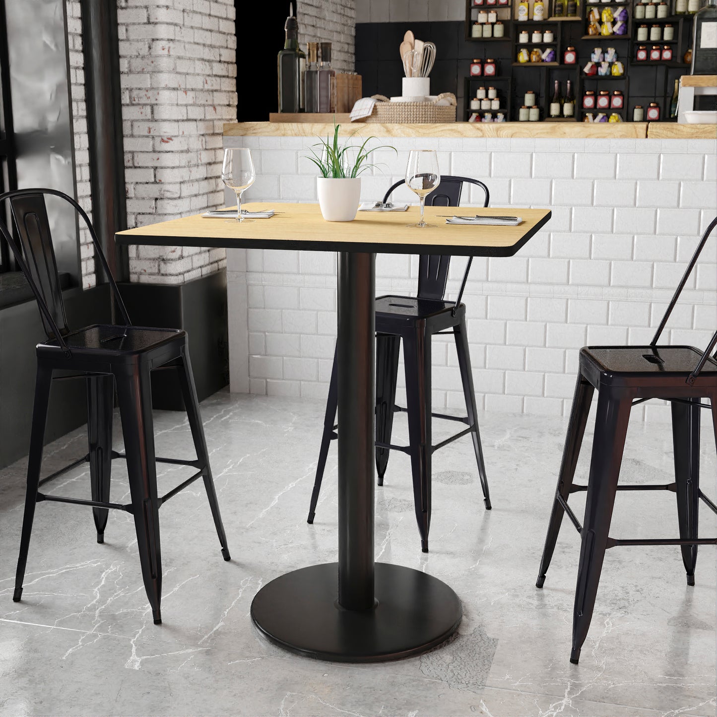 36'' Square Laminate Restaurant Bar Height Table with 24" Round Table Base