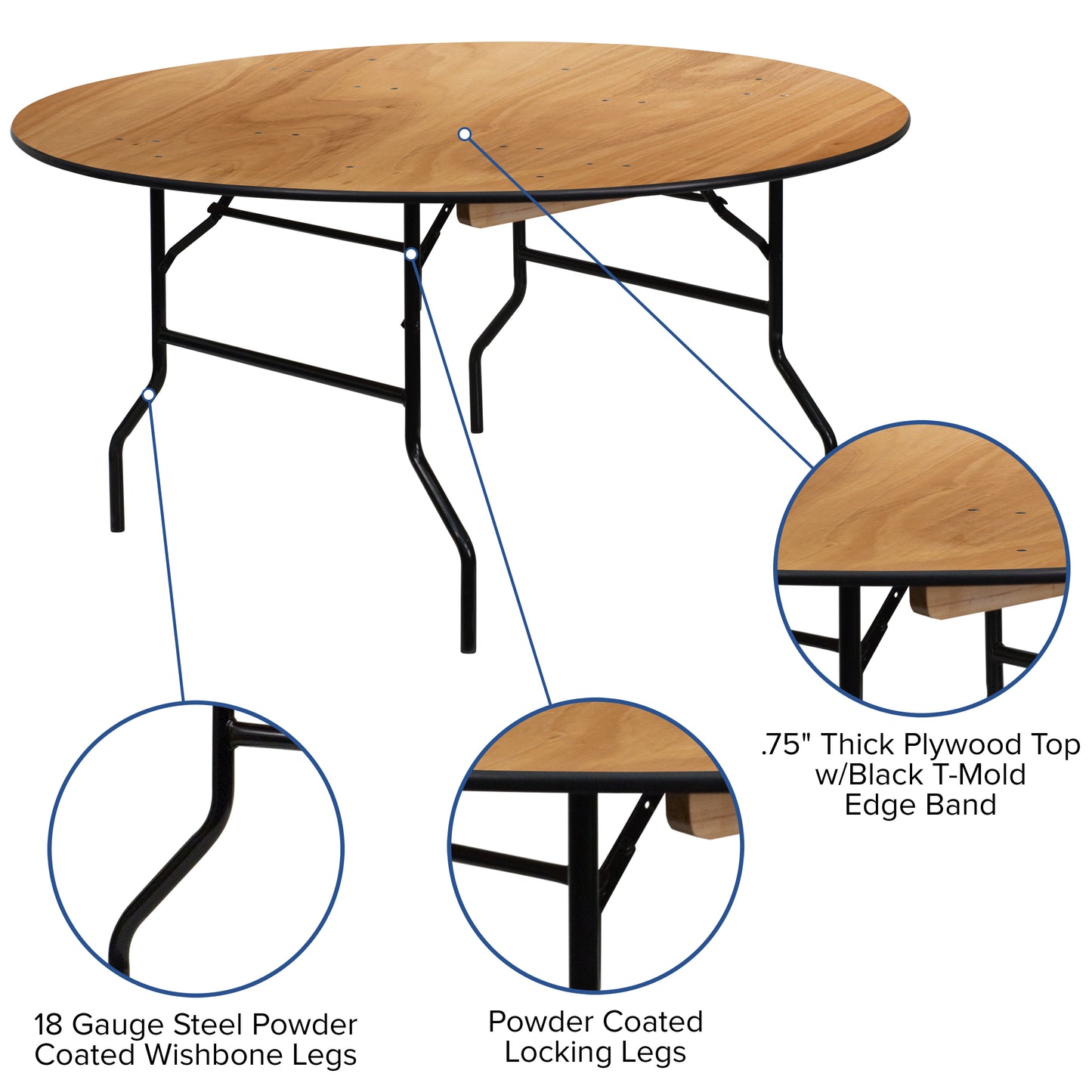 5-Foot Round Wood Folding Banquet Table with Clear Coated Finished Top