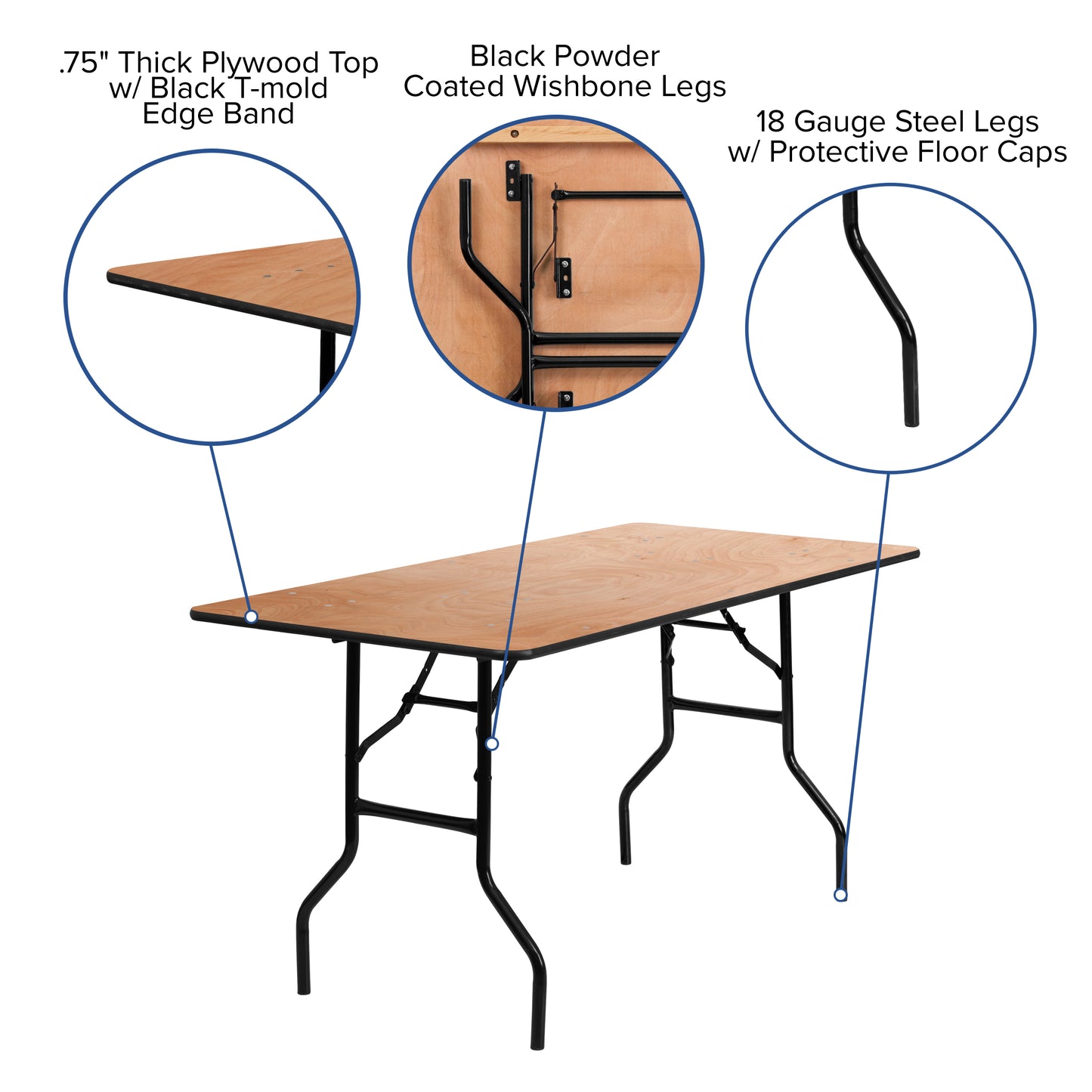 5-Foot Rectangular Wood Folding Banquet Table with Clear Coated Finished Top