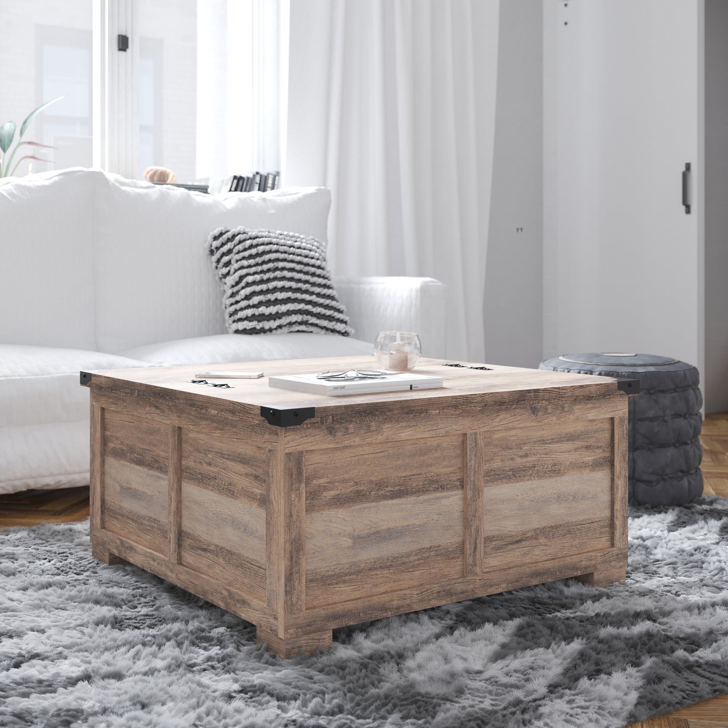 Farmhouse Storage Coffee Table with Hinged Lift Top and Hidden Compartment